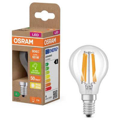 Eine LED-Glühbirne und ihre Verpackung sind abgebildet. Verpackung zeigt Energieeffizienzklasse A, 806 Lumen, warmweiß, 3,8 W.