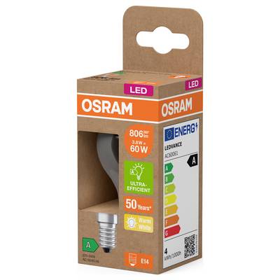 Eine Osram LED-Glühbirne in einer Verpackung. Die Birne hat eine Helligkeit von 806 Lumen, entspricht 60 W, hat eine warmweiße Lichtfarbe und ist energieeffizient.