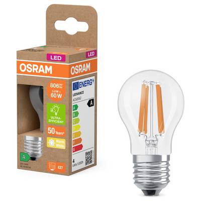 'LED-Lampe von Osram mit 806 Lumen Helligkeit und Energieeffizienzklasse A. Verpackung zeigt warmweißes Licht und lange Lebensdauer.'