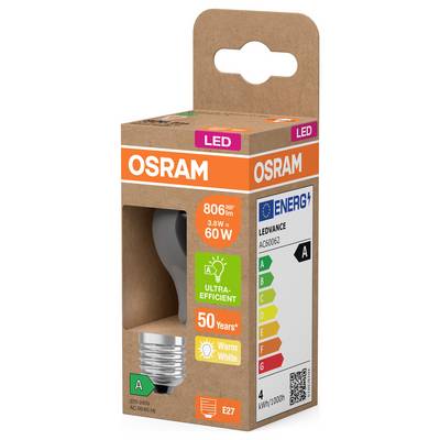 LED-Glühbirnen-Verpackung mit 806 Lumen und 60W. Energieklasse A, warmweiß. Markiert für 50 Jahre Haltbarkeit. Marke: Osram.