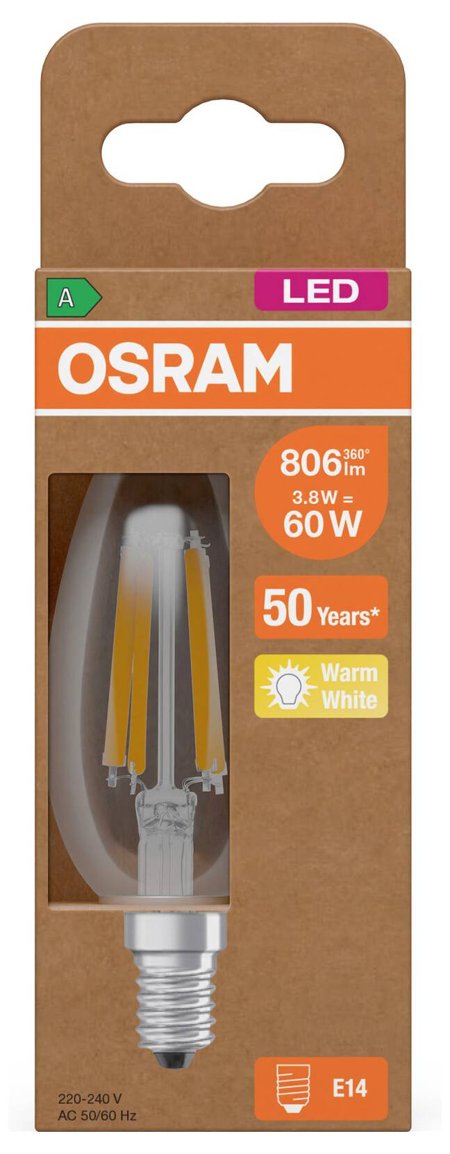 OSRAM LED-Glühbirne, 60W Äquivalent, 3,8W, E14-Fassung, Warmweiß, 806 lm, 50 Jahre Lebensdauer.