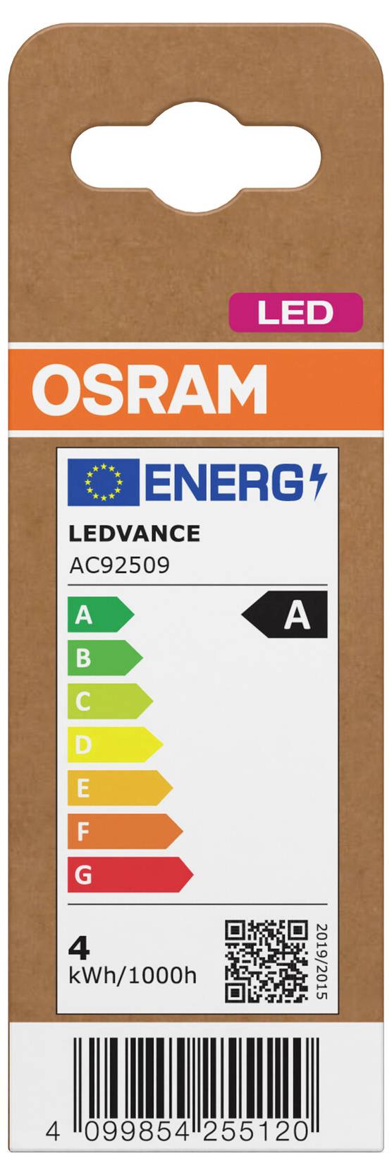OSRAM LEDVANCE AC92509 Glühbirneverpackung mit EU-Energieetikett, das Energieeffizienzklasse A und einen Verbrauch von 4 kWh/1000h anzeigt.