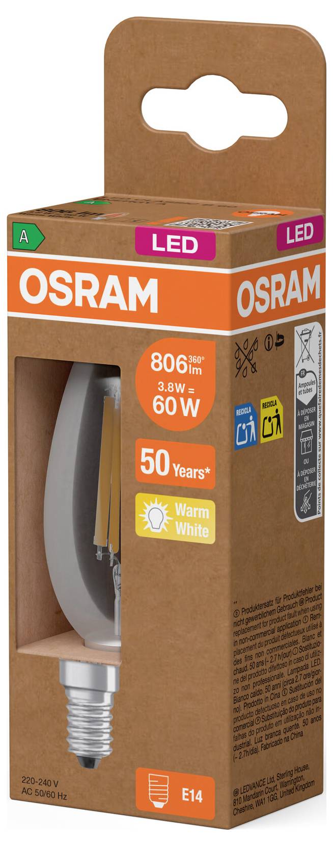 OSRAM LED-Glühbirne, Warmweiß, 60-Watt-Äquivalent, E14-Sockel, 50 Jahre Lebensdauer.