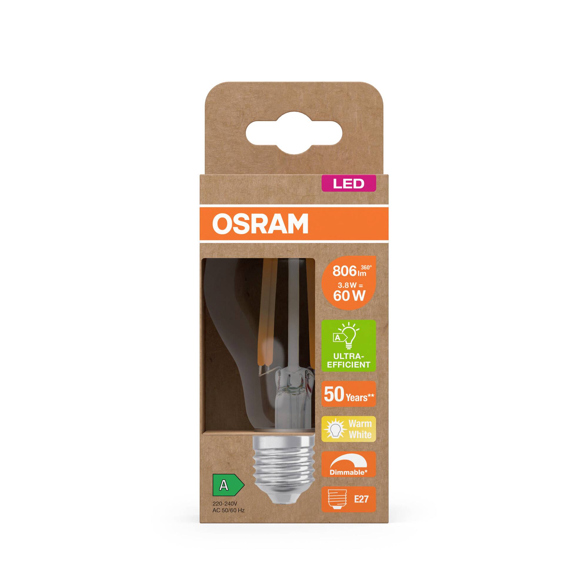 Verpackung einer OSRAM LED-Glühbirne, 806 Lumen, 60W, warmweiß, dimmbar, E27-Sockel, 50 Jahre Lebensdauer, energieeffizient.