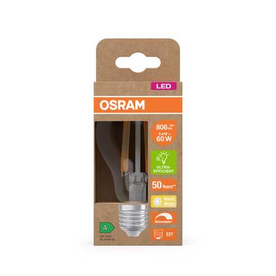 Verpackung einer OSRAM LED-Glühbirne, 806 Lumen, 60W, warmweiß, dimmbar, E27-Sockel, 50 Jahre Lebensdauer, energieeffizient.