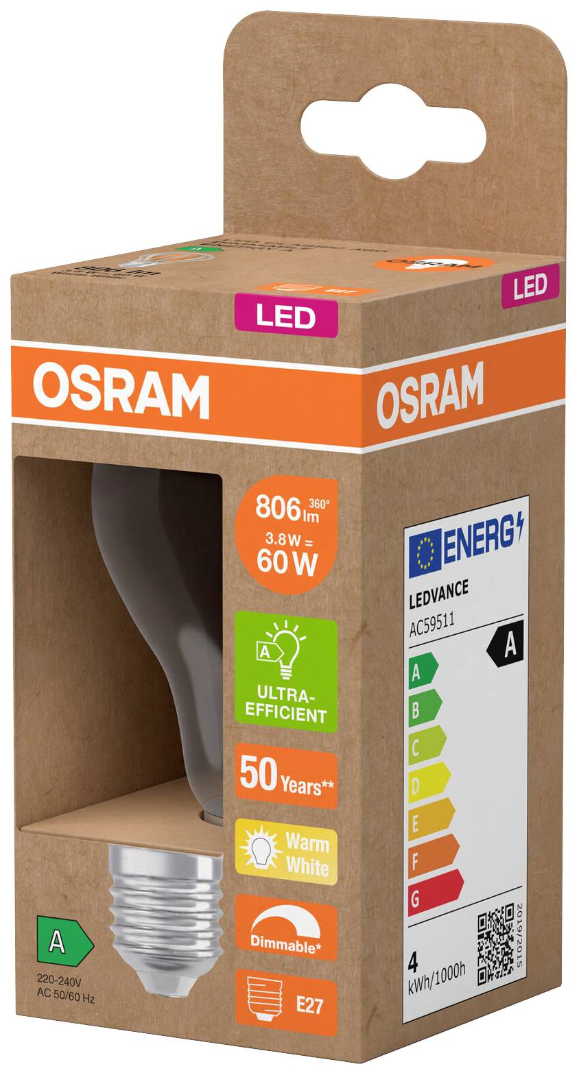 Eine LED-Glühbirnenverpackung von Osram, zeigt Energieeffizienzklasse A, 806 Lumen, dimmbar, warmweiß, Lebensdauer 50 Jahre.