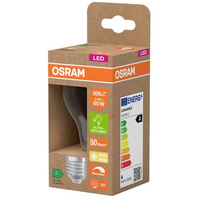 Eine LED-Glühbirnenverpackung von Osram, zeigt Energieeffizienzklasse A, 806 Lumen, dimmbar, warmweiß, Lebensdauer 50 Jahre.
