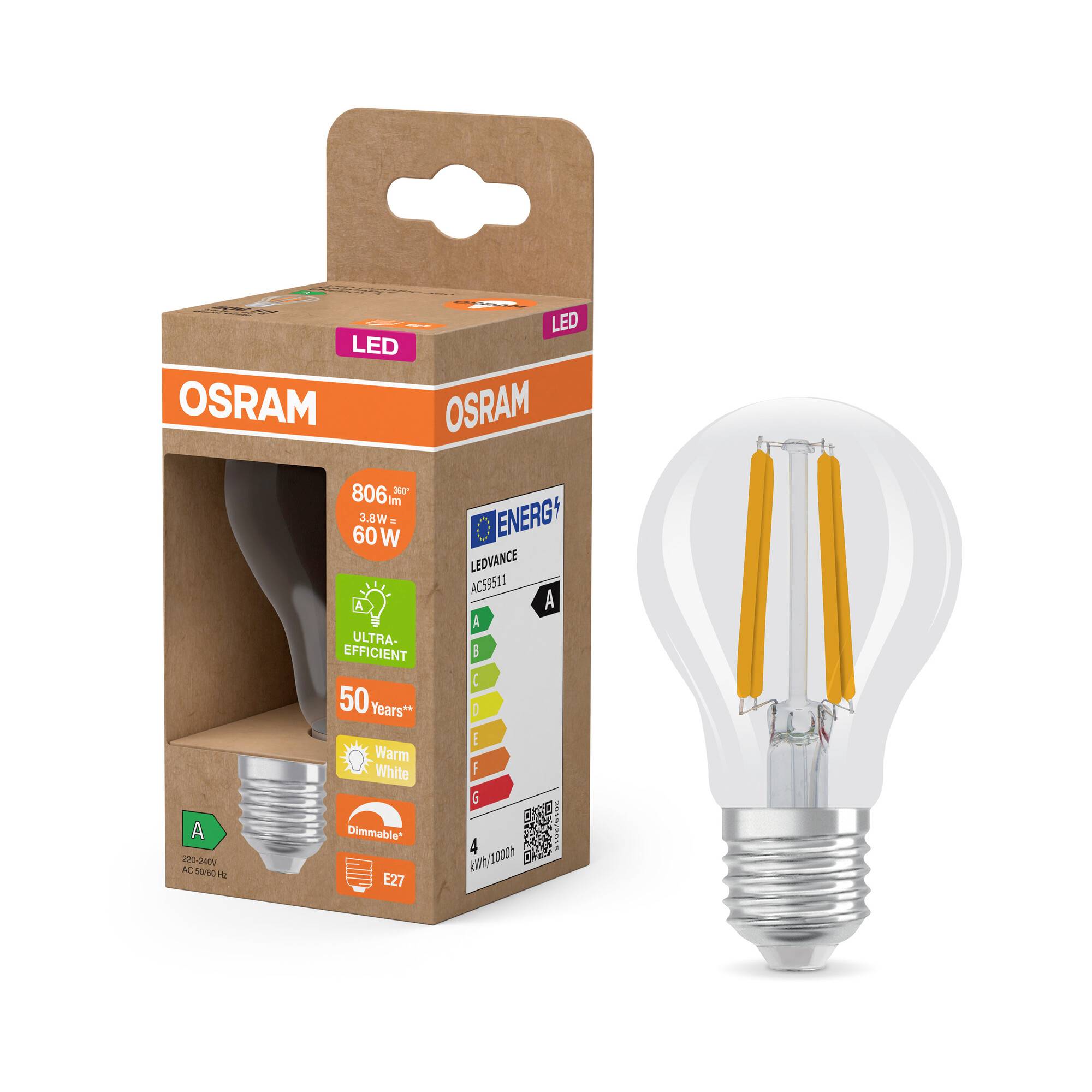 Eine LED-Glühbirne neben ihrer Verpackung. Verpackung zeigt: 806 Lumen, 60W Ersatz, Energieklasse A++, warmweiß, E27 Sockel.