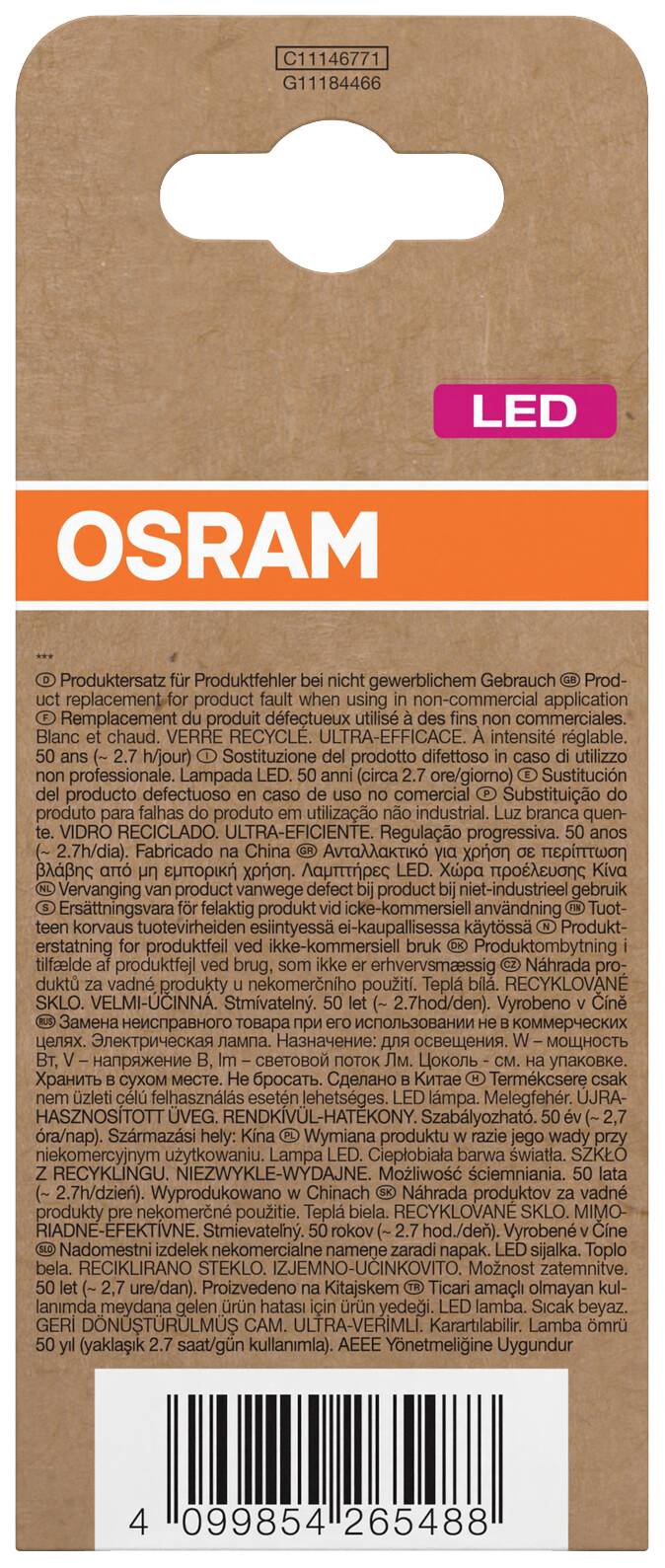 Eine Rückseite einer OSRAM-LED-Verpackung mit Text über Produktspezifikationen und Sicherheitshinweisen.