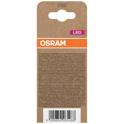 Eine Rückseite einer OSRAM-LED-Verpackung mit Text über Produktspezifikationen und Sicherheitshinweisen.