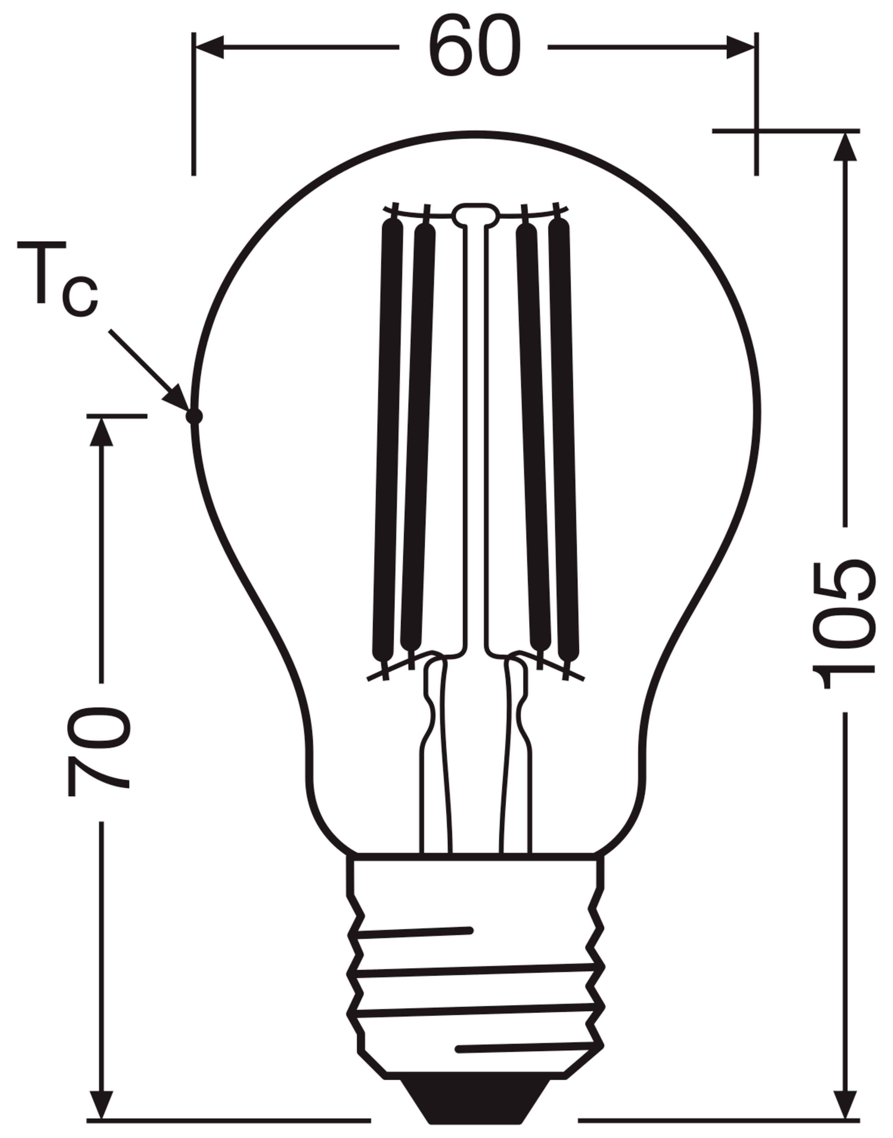Glühbirndesign mit Maßen: Gesamtlänge 105 mm, Durchmesser 60 mm, Abstand Tc 70 mm.