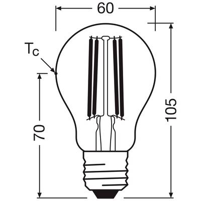 Glühbirndesign mit Maßen: Gesamtlänge 105 mm, Durchmesser 60 mm, Abstand Tc 70 mm.