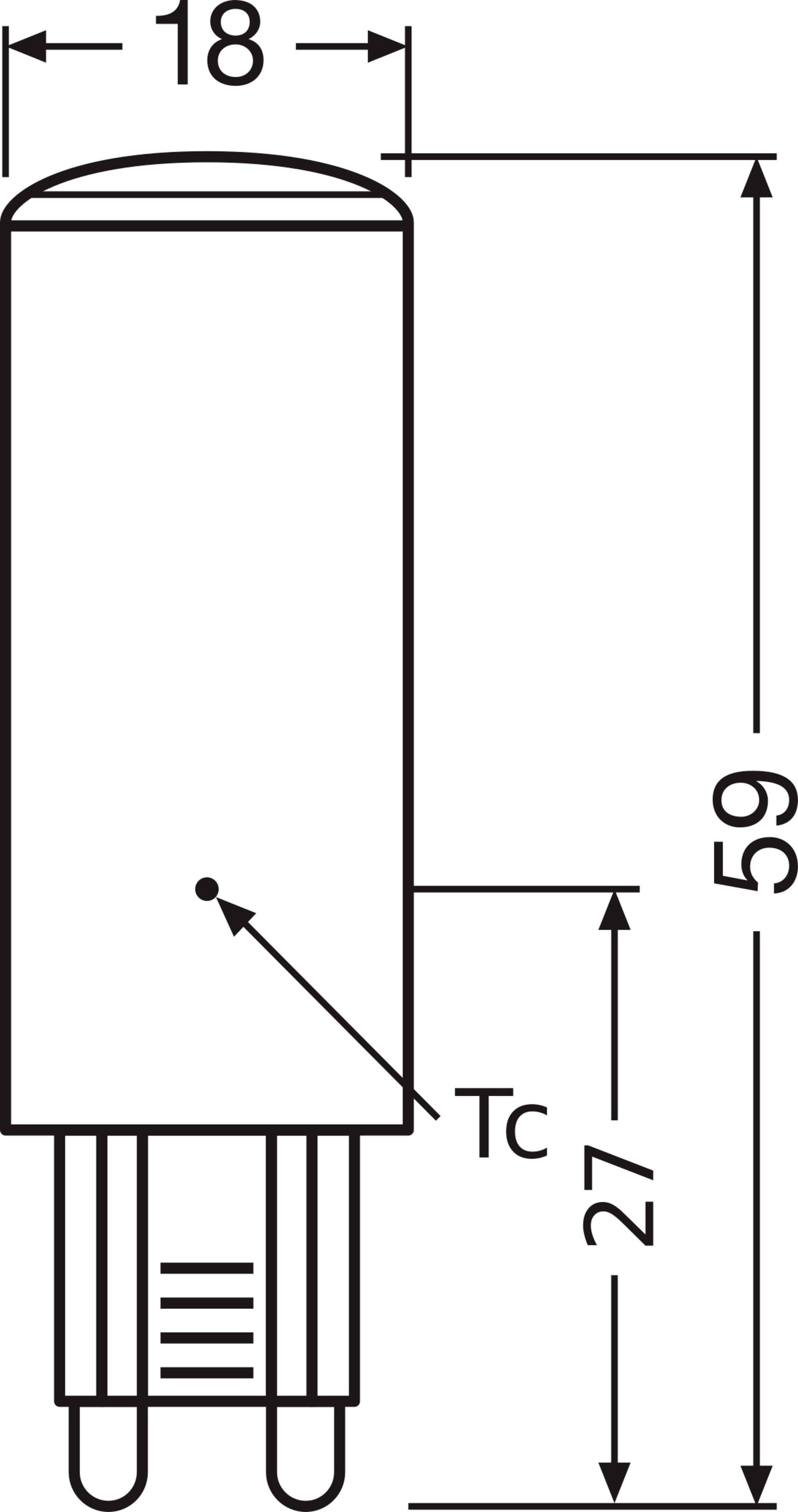 Technische Zeichnung einer G9-Glühlampe, Höhe 59 mm, Breite 18 mm, mit markierter 'Tc'-Punkt.