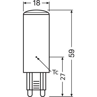 Technische Zeichnung einer G9-Glühlampe, Höhe 59 mm, Breite 18 mm, mit markierter 'Tc'-Punkt.