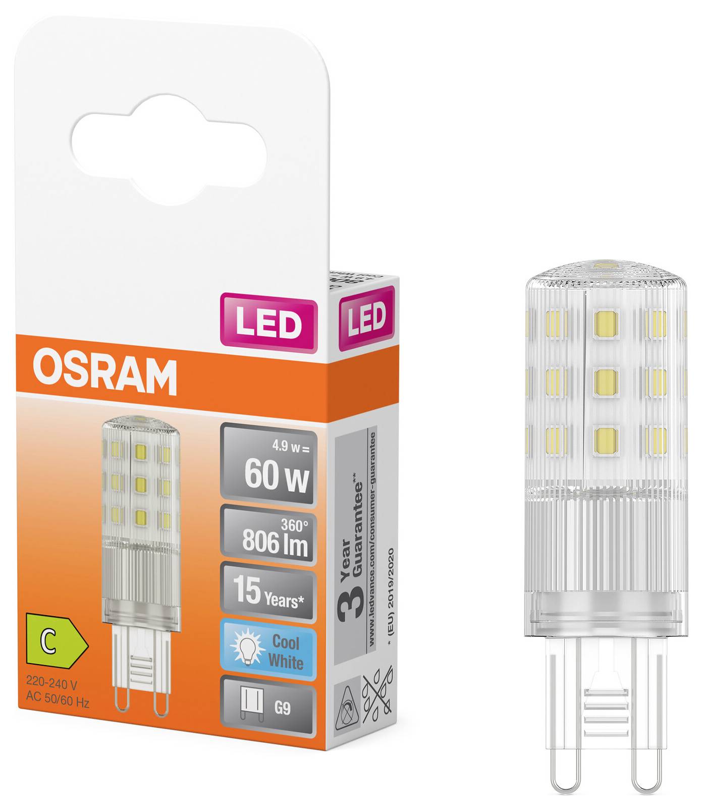 'Osram LED-Leuchtmittel, 4,9 W, ersetzt 60 W, 806 lm, G9-Sockel, Energieklasse C, kaltweißes Licht, verspricht 15 Jahre Lebensdauer.'