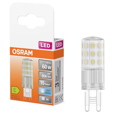 'Osram LED-Leuchtmittel, 4,9 W, ersetzt 60 W, 806 lm, G9-Sockel, Energieklasse C, kaltweißes Licht, verspricht 15 Jahre Lebensdauer.'