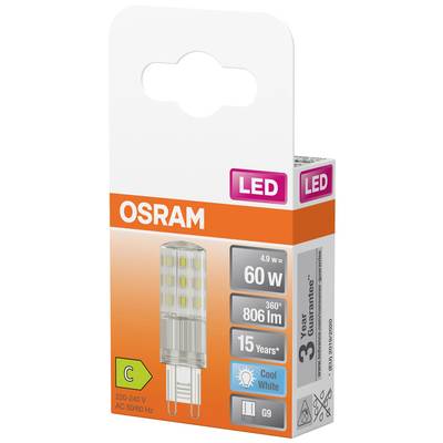 LED-Lampe von OSRAM, 4,9 W, 806 Lumen, 60 W-Äquivalent, Farbtemperatur Cool White, Energieklasse C, 3 Jahre Garantie, G9-Sockel.