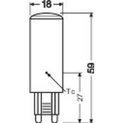 Technische Zeichnung einer zylindrischen Lampe mit Maßen: Höhe 59 mm, Durchmesser 18 mm. Montagepunkte und Tc-Wert angegeben.