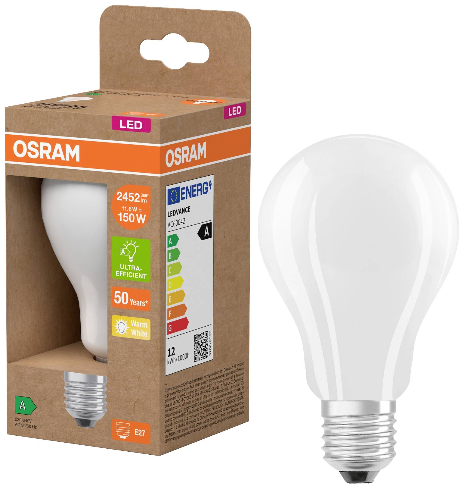 Eine LED-Glühbirne von OSRAM mit Energiesparkennzeichnung A+. Verpackung zeigt eine weiße Birne und Text '2452 lm' und '150W'.