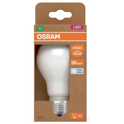 OSRAM LED-Glühbirne, Kaltweiß, E27-Fassung, 11W, 150W-Äquivalent, 2452 lm, 50 Jahre Lebensdauer, Klasse A.