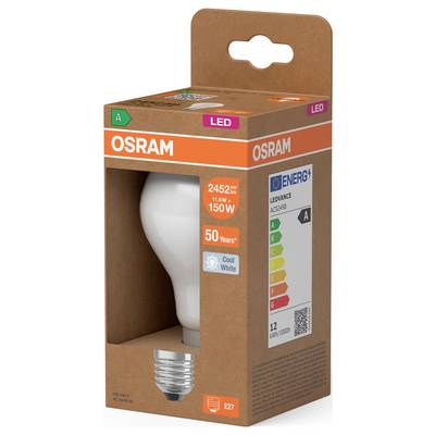 OSRAM LED-Glühbirne in einer braunen Einzelhandelsverpackung, gekennzeichnet mit 11,6W 150W-Äquivalent, kaltweiß, 2452 lm, Energieklasse A.