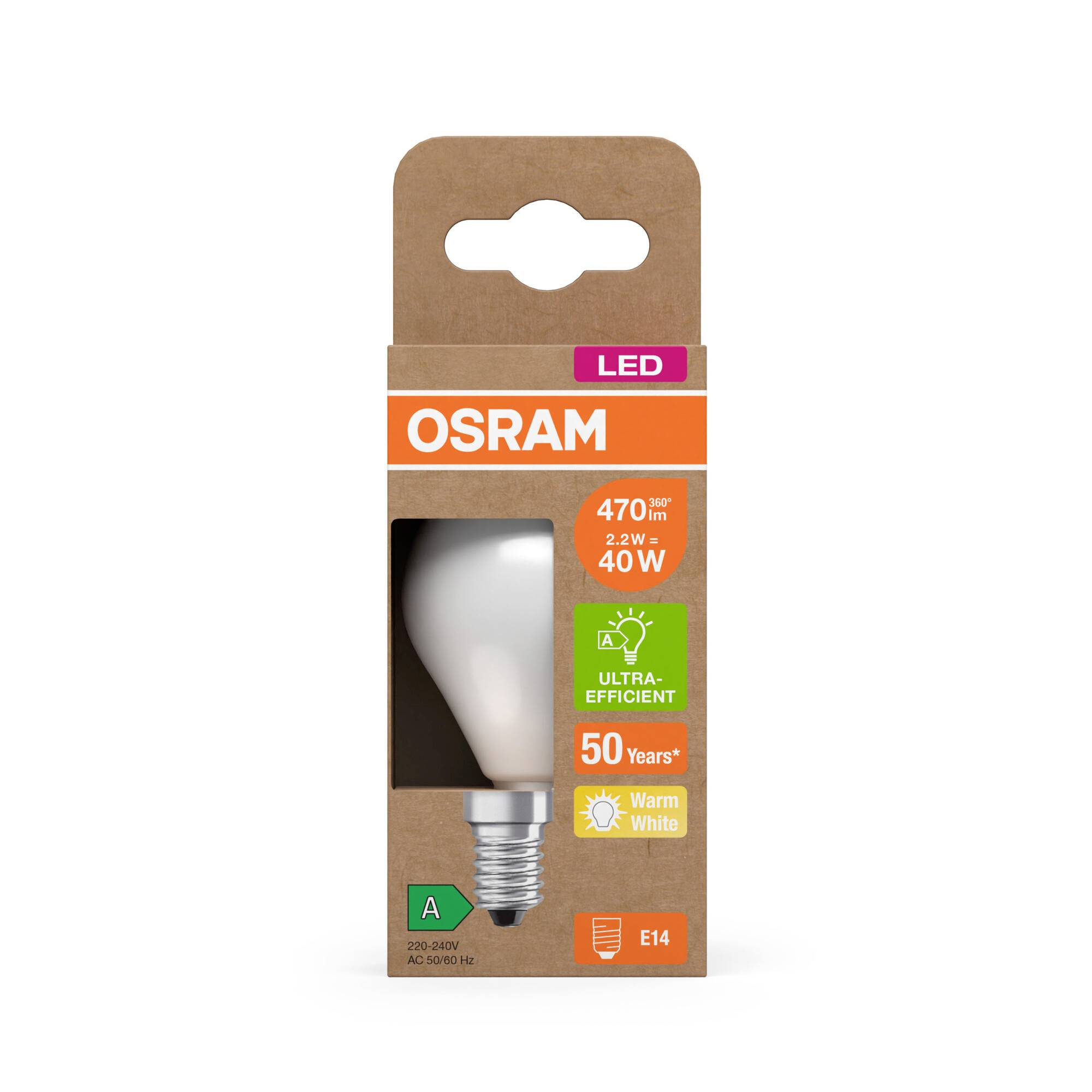 'LED-Glühbirne 470 Lumen, 2,2W (entspricht 40W) von OSRAM, warmweiß, E14-Sockel, energieeffizient, haltbar bis 50 Jahre' Verpackung.