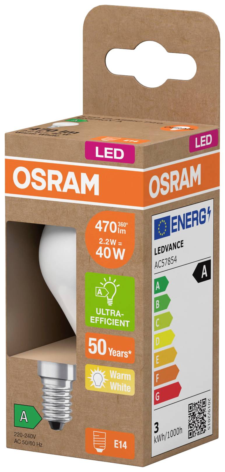 Glühbirnenverpackung von OSRAM mit LED. E14-Fassung, 470 Lumen, 40W, warmweiß. Energieeffizienzklasse A. 50 Jahre Lebensdauer.
