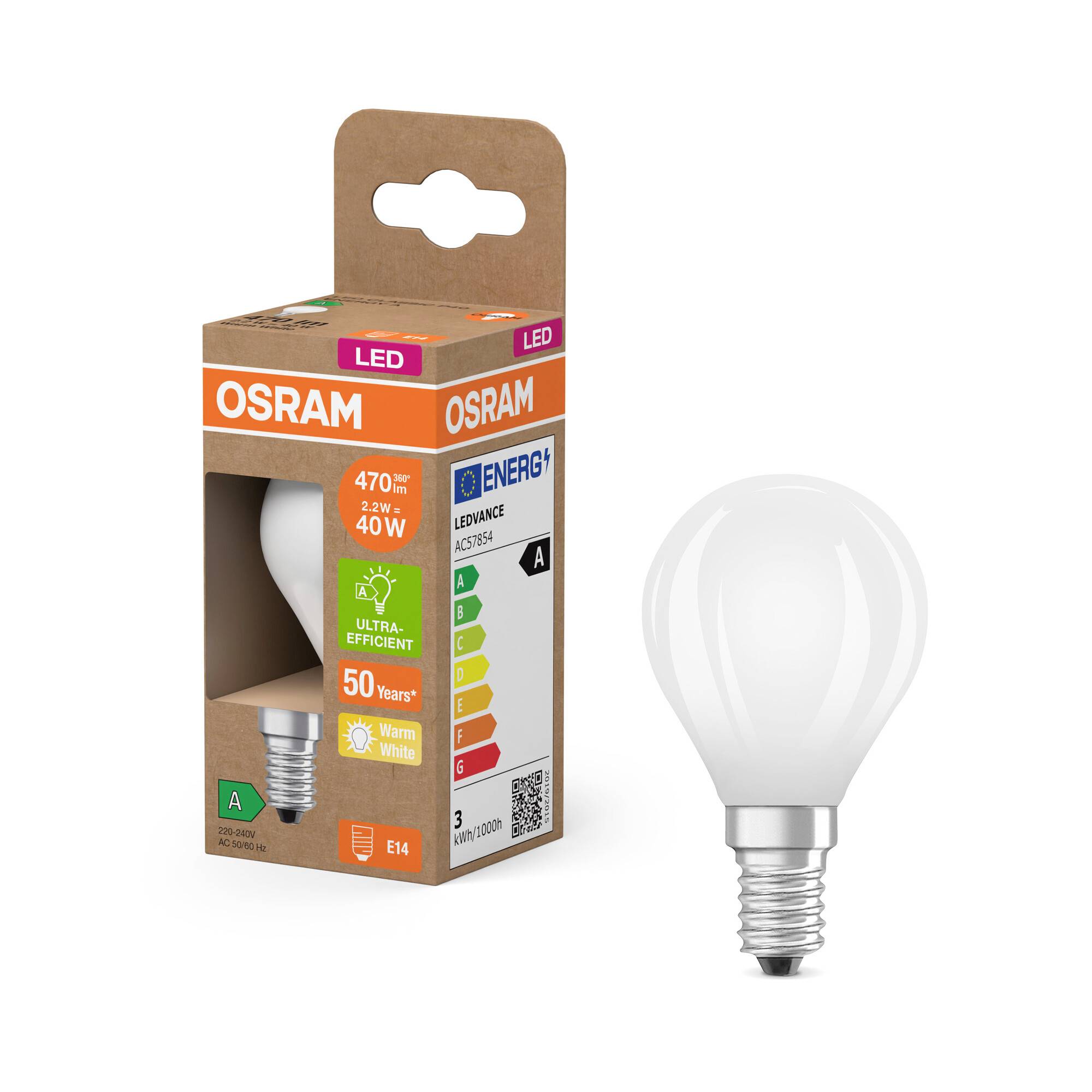 Eine LED-Glühbirne neben ihrer Verpackung von Osram. Die Verpackung hebt Energieeffizienz und lange Lebensdauer von 15 Jahren hervor.