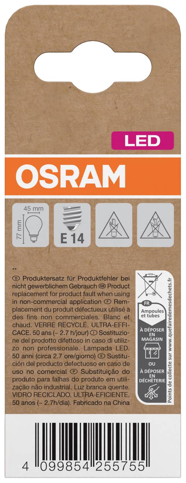 Verpackung eines OSRAM LED-Leuchtmittels mit E14-Sockel, 4 Watt. Piktogramme zeigen Lampenform, Energieeffizienz und Recyclinghinweise.