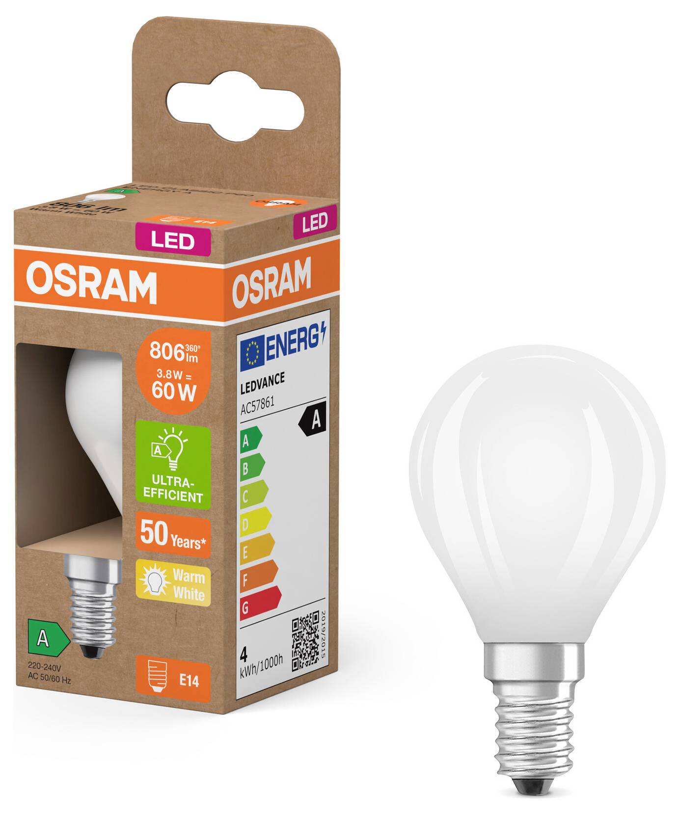 Eine Osram LED-Glühbirne neben ihrer Verpackung. Die Verpackung zeigt Energieeffizienzklasse A, warmweißes Licht, 806 Lumen, 3,8W, und 60W Äquivalent.