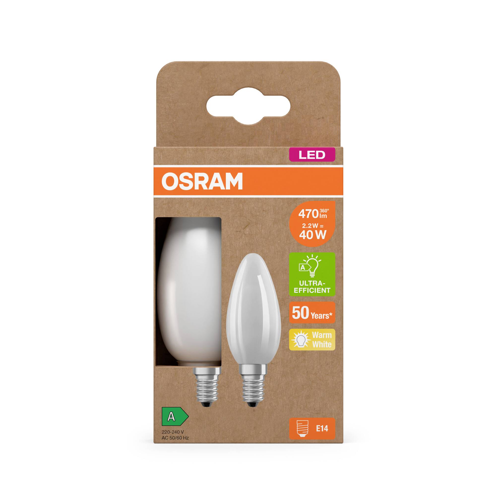 Eine 40W LED-Glühbirne von Osram in einer braunen Verpackung. Sie ist effizient, warmweiß, mit einer Lebensdauer von 50 Jahren. E14-Sockel.