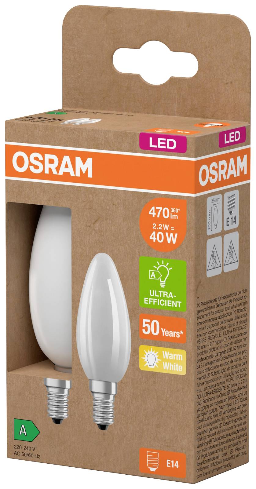 Packung mit zwei LED-Lampen, Marke OSRAM, E14-Sockel, 470 Lumen, 2,2 W, entspricht 40 W, warmweiß, ultra-effizient.