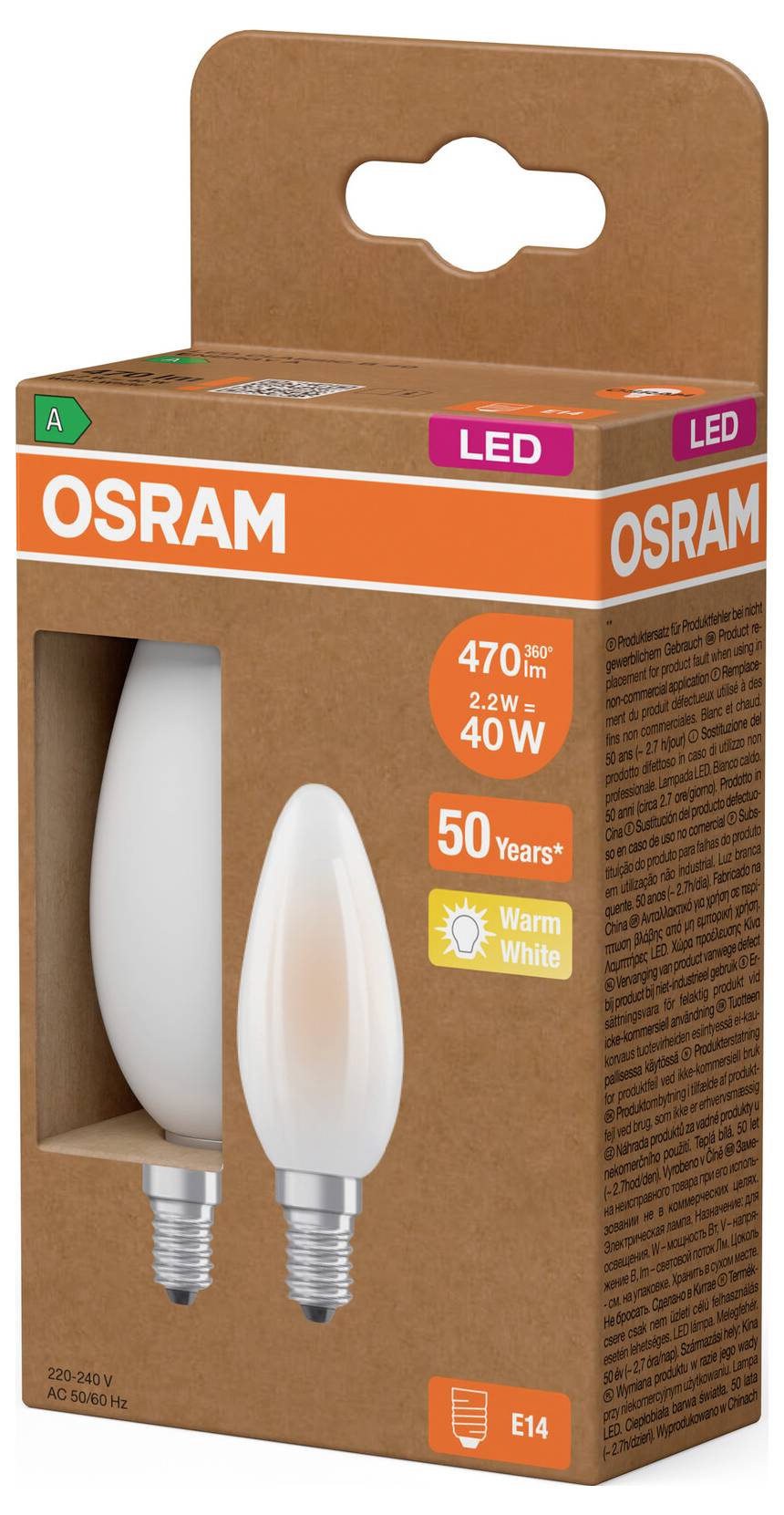 OSRAM LED-Kerzenlampe Verpackung, zeigt eine warmweiße 2,2W Lampe gleichwertig zu 40W, 470 Lumen, E14-Sockel, 50 Jahre Lebensdauer.