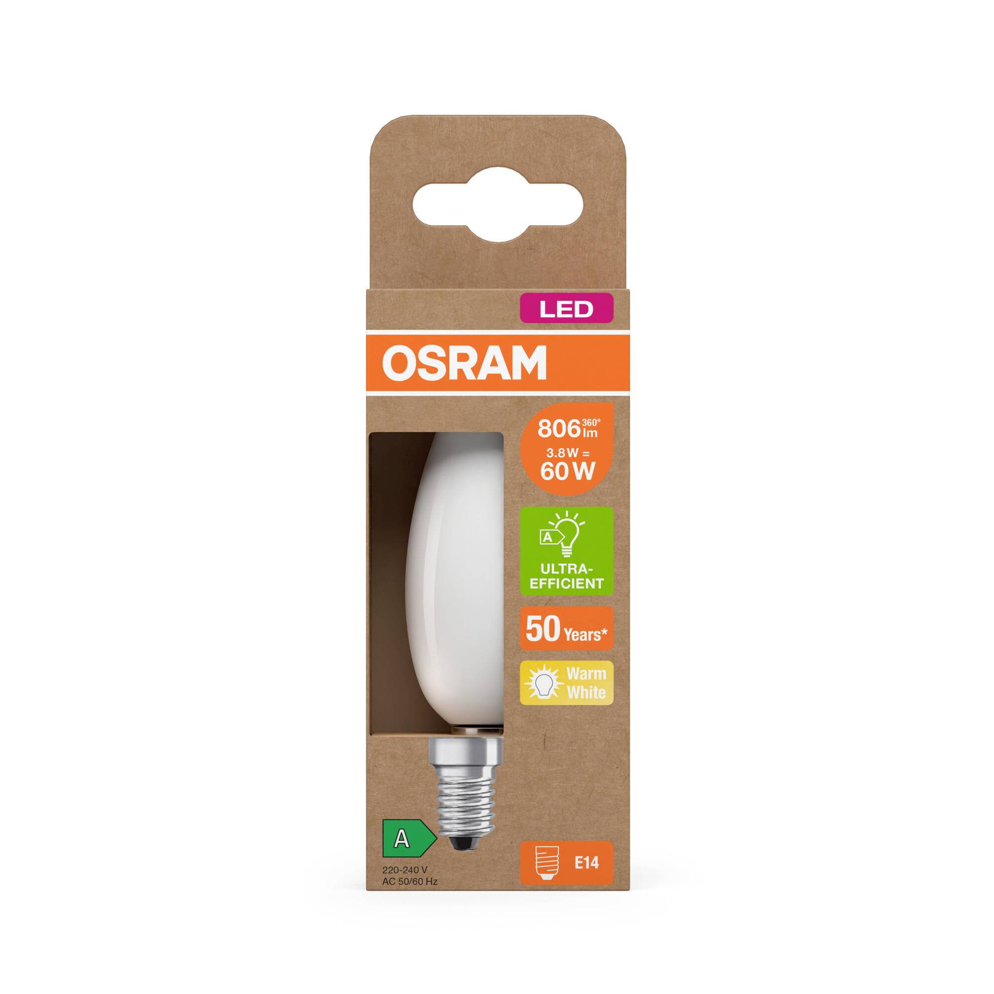 LED-Glühlampe in einer Verpackung, markiert als 'Osram'. Energieeffizienzklasse A. Äquivalent zu 60W, strahlt warmweißes Licht.