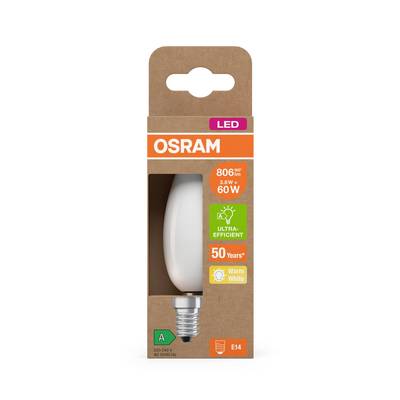 LED-Glühlampe in einer Verpackung, markiert als 'Osram'. Energieeffizienzklasse A. Äquivalent zu 60W, strahlt warmweißes Licht.