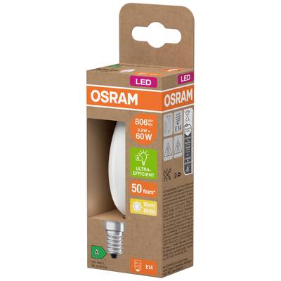 OSRAM LED-Glühlampe in Verpackung; 806 lm, 3,8 W=60 W, E14-Fassung, warmweiß, energiesparend, hält bis zu 50 Jahre.