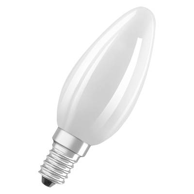 Glühbirne in Kerzenform, weiß, mit Standard-E14-Gewinde, aufrecht positioniert.
