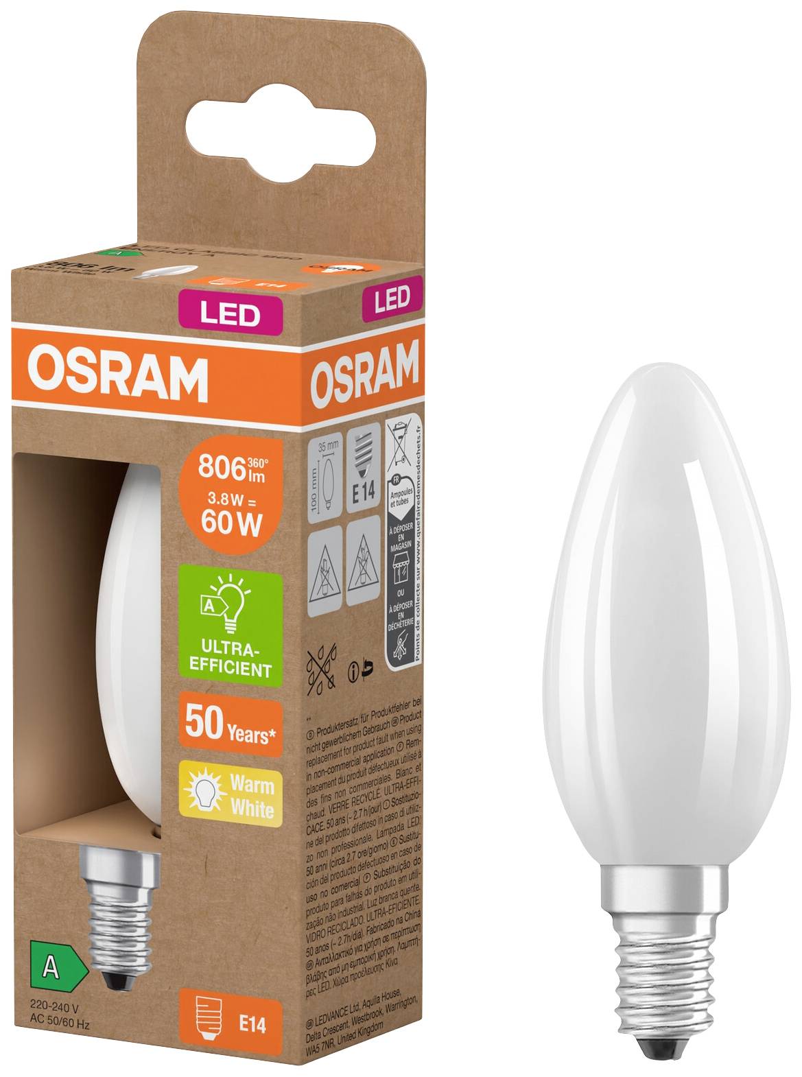 Eine LED-Glühbirne von Osram neben ihrer Verpackung. Die Verpackung gibt an: 806 Lumen, 3,8 W = 60 W, warmweiß, E14-Fassung, Energieeffizienzklasse A.