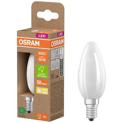 Eine LED-Glühbirne von Osram neben ihrer Verpackung. Die Verpackung gibt an: 806 Lumen, 3,8 W = 60 W, warmweiß, E14-Fassung, Energieeffizienzklasse A.