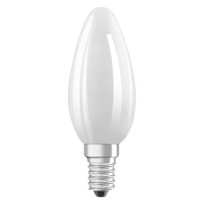 Weiße LED-Glühbirne mit E14-Sockel in Kerzenform, vertikal aufrecht vor weißem Hintergrund.