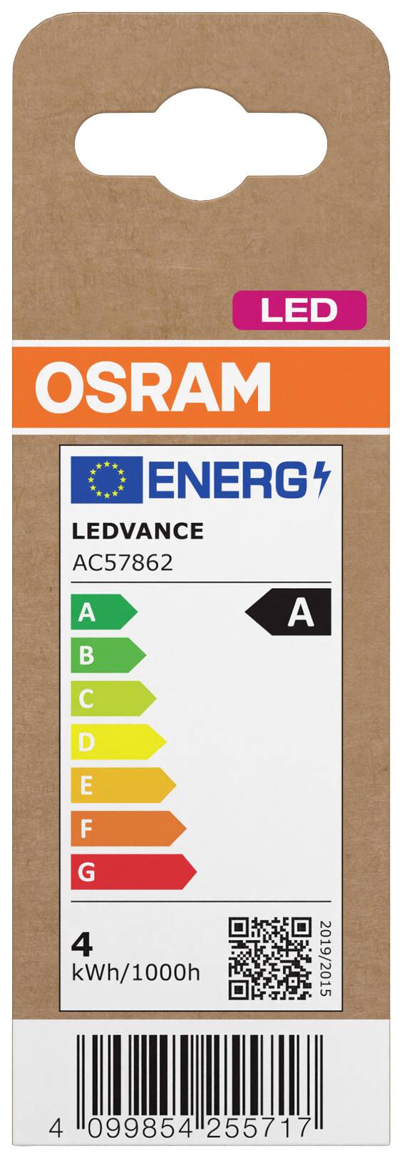Etikett einer LED-Glühbirne von OSRAM, Energiestufe A, 4 kWh/1000h. Enthält Farbbalken für Energieeffizienz von A (grün) bis G (rot).