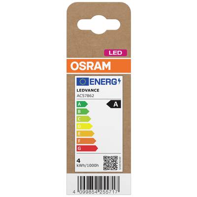 Etikett einer LED-Glühbirne von OSRAM, Energiestufe A, 4 kWh/1000h. Enthält Farbbalken für Energieeffizienz von A (grün) bis G (rot).