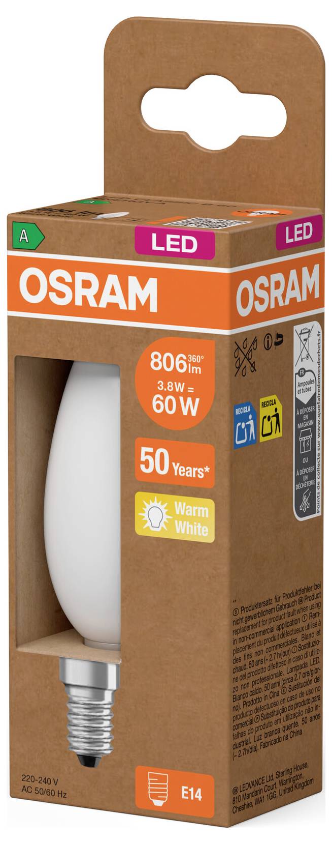 OSRAM LED-Glühbirne, 60-W-Äquivalent, 806 lm, Warmweiß, E14-Fassung, 50 Jahre Lebensdauer.