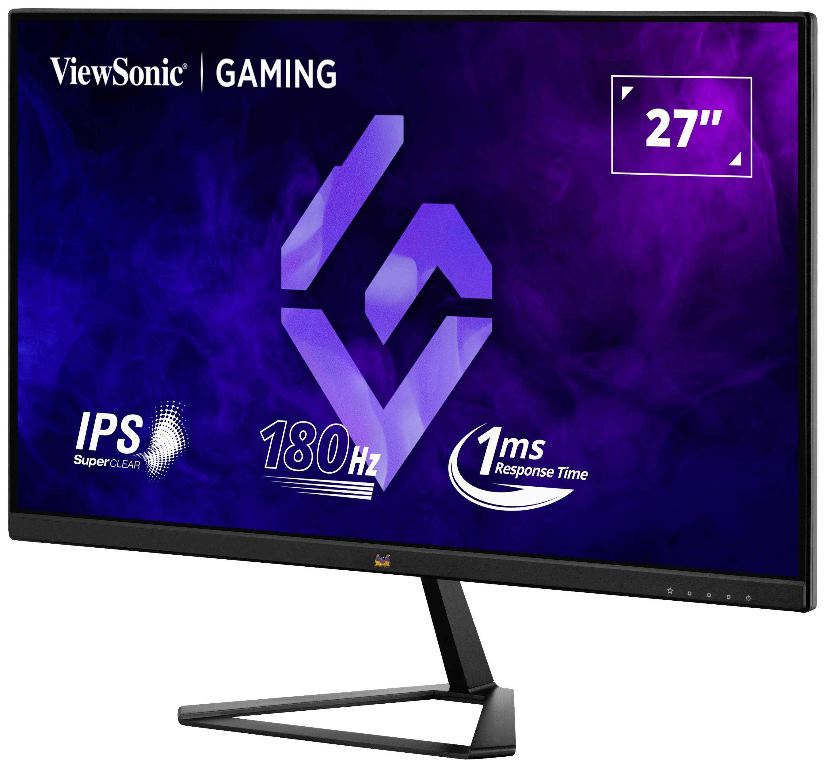 Gaming-Monitor von ViewSonic, 27 Zoll, mit IPS-Technologie, 180Hz Bildwiederholrate, und 1ms Reaktionszeit, vor violett-blauem Hintergrund.