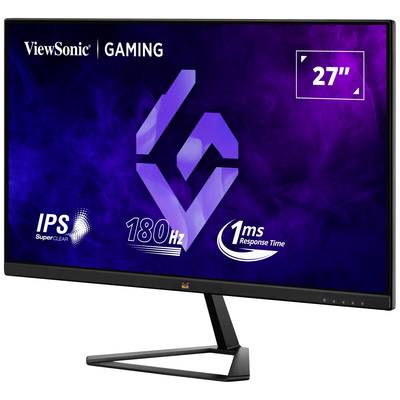 Gaming-Monitor von ViewSonic, 27 Zoll, mit IPS-Technologie, 180Hz Bildwiederholrate, und 1ms Reaktionszeit, vor violett-blauem Hintergrund.