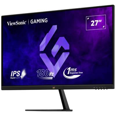 27" Gaming-Monitor von ViewSonic mit IPS SuperClear-Technologie, 180Hz Bildwiederholrate und 1ms Reaktionszeit auf lila-blauem Hintergrund.