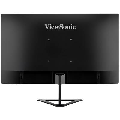 Ein schwarzer ViewSonic-Monitor von hinten, zeigt das schlichte Design und den Standfuß.