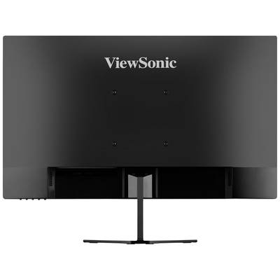 Rückseite eines schwarzen Computerbildschirms der Marke ViewSonic, mit einem schlichten Standfuß, ohne sichtbare Kabel oder Anschlüsse.