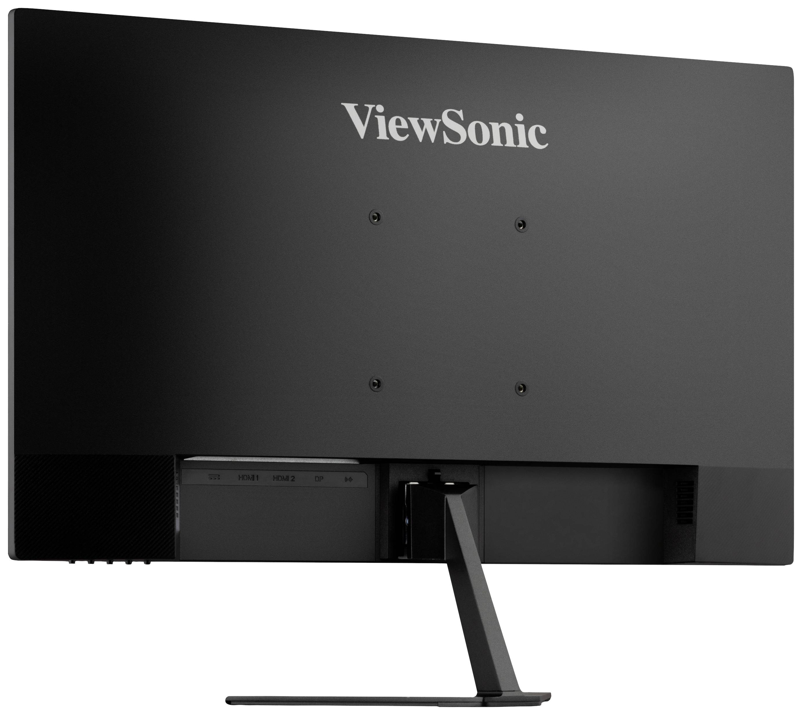 Ein schwarzer Computermonitor von ViewSonic, Rückansicht. Der Monitor ist auf einem schmalen Standfuß montiert und zeigt keine Bildschirminhalte.