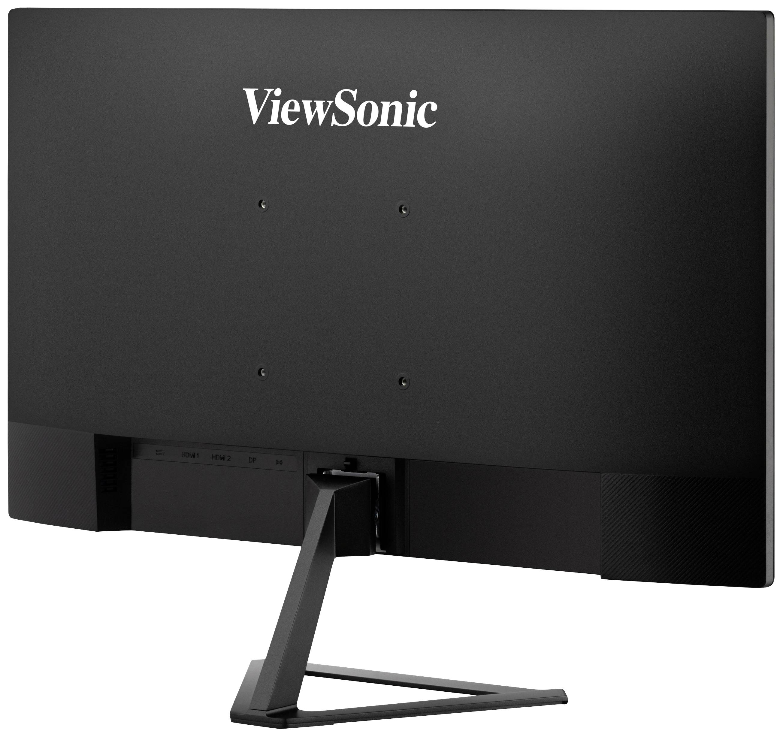 Ein schwarzer Monitor von der Marke ViewSonic, betrachtet von hinten, mit einem schlanken Standfuß.